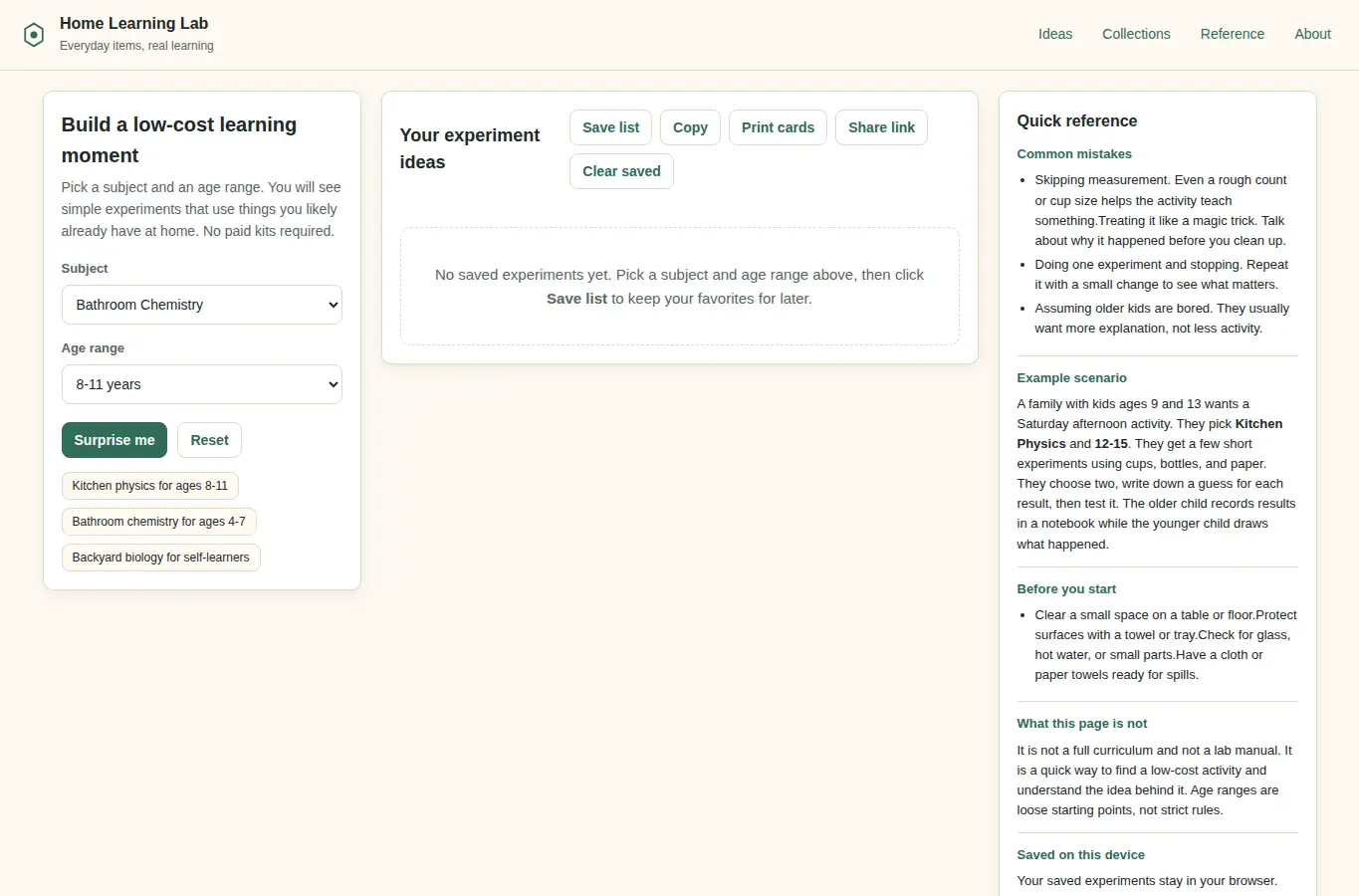 Screenshot of Low-Cost Home Learning Lab interface showing the project page in use